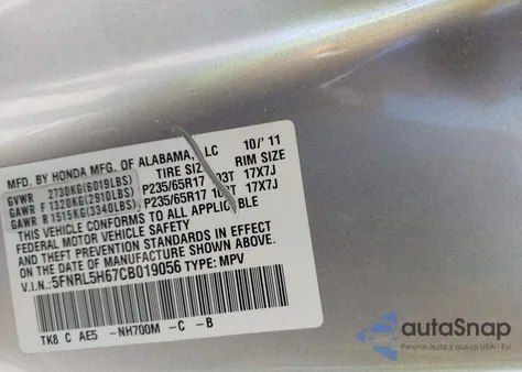 2012 Honda Odyssey Ex-L z USA, uszkodzony, nr VIN 5FNRL5H67CB019056